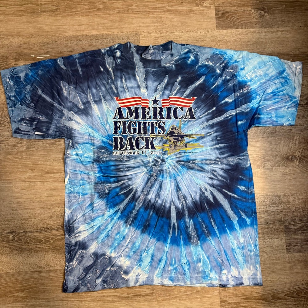 Vintage 2001 America Fights Back Tie Dye T-Shirt XL Blue Military Jet Made USA